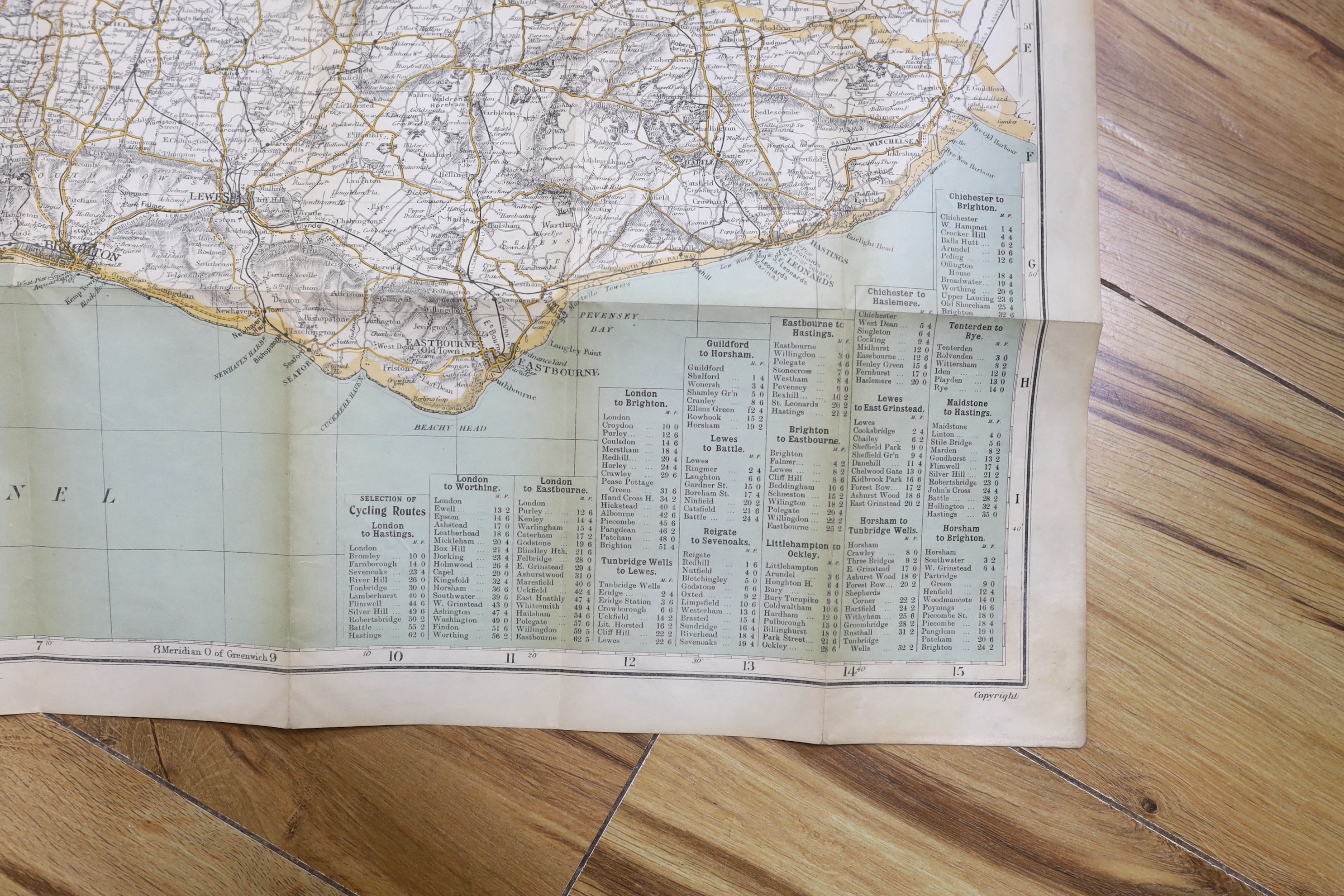 Seven 19th and 20th century folding maps of Sussex; a Pocket County Map series, pub. Chapman and Hall, a Cruchley’s County Map, a Gall & Inglis County Map, a Letts Son & Co. map, a Bacon’s County Map, a Bartholomew’s map